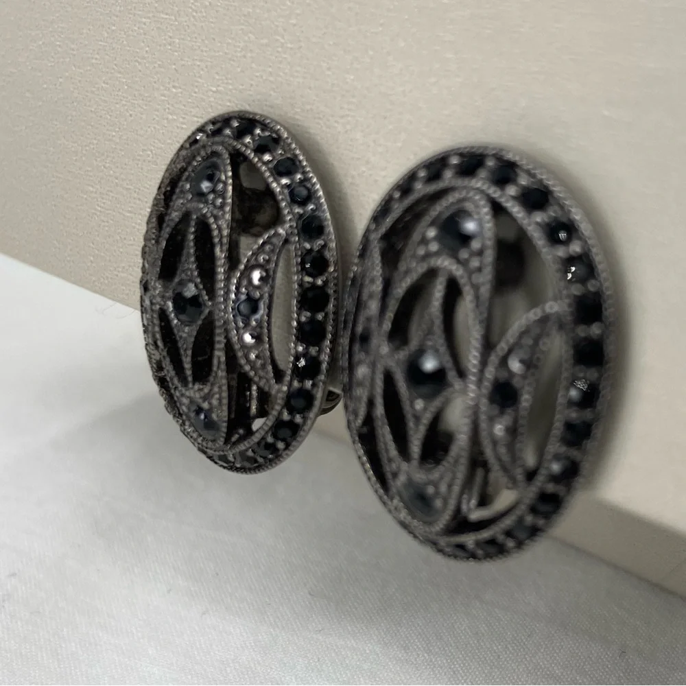 Vintage Monet Oval‎ Clip On Earrings Black Rhinestone Art Deco Style